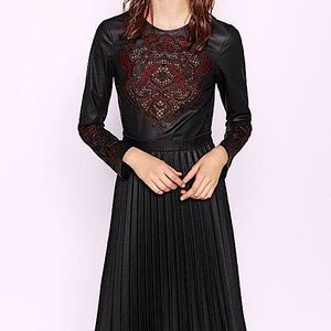 BNWT Fauz Leather Pleated Dress with Red and black Embroidery